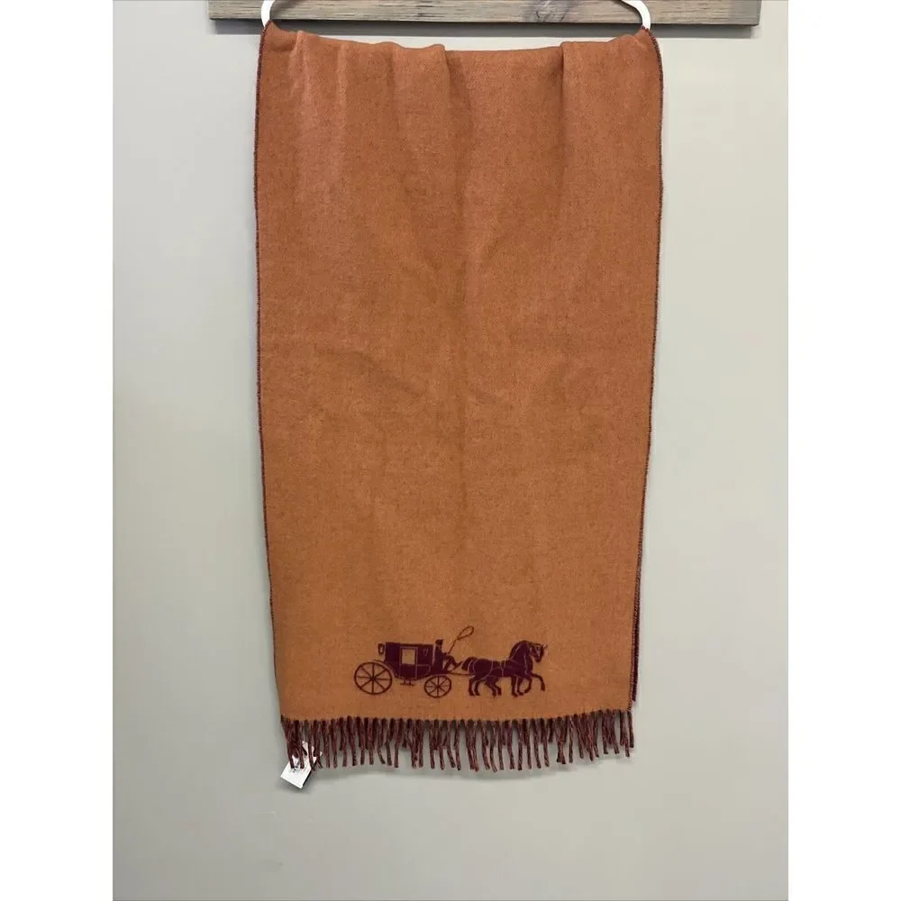 Coach Horse & Carriage Jacquard 100% Wool Scarf/ Wrap Cherry Ginger Made Italy